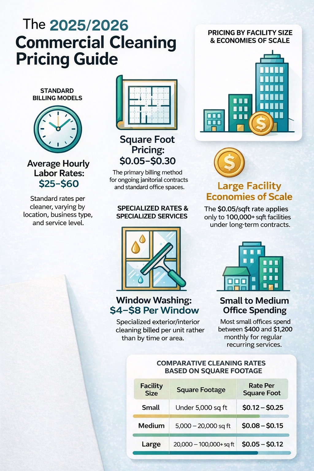 AQS 2025/2026 Commercial Cleaning Pricing Guide infographic detailing standard billing models (hourly vs square footage), facility size economies of scale for large facilities, specialized rates for services like window washing, comparative rate tables for small, medium, and large offices, and estimated monthly spending ranges for small to medium offices.